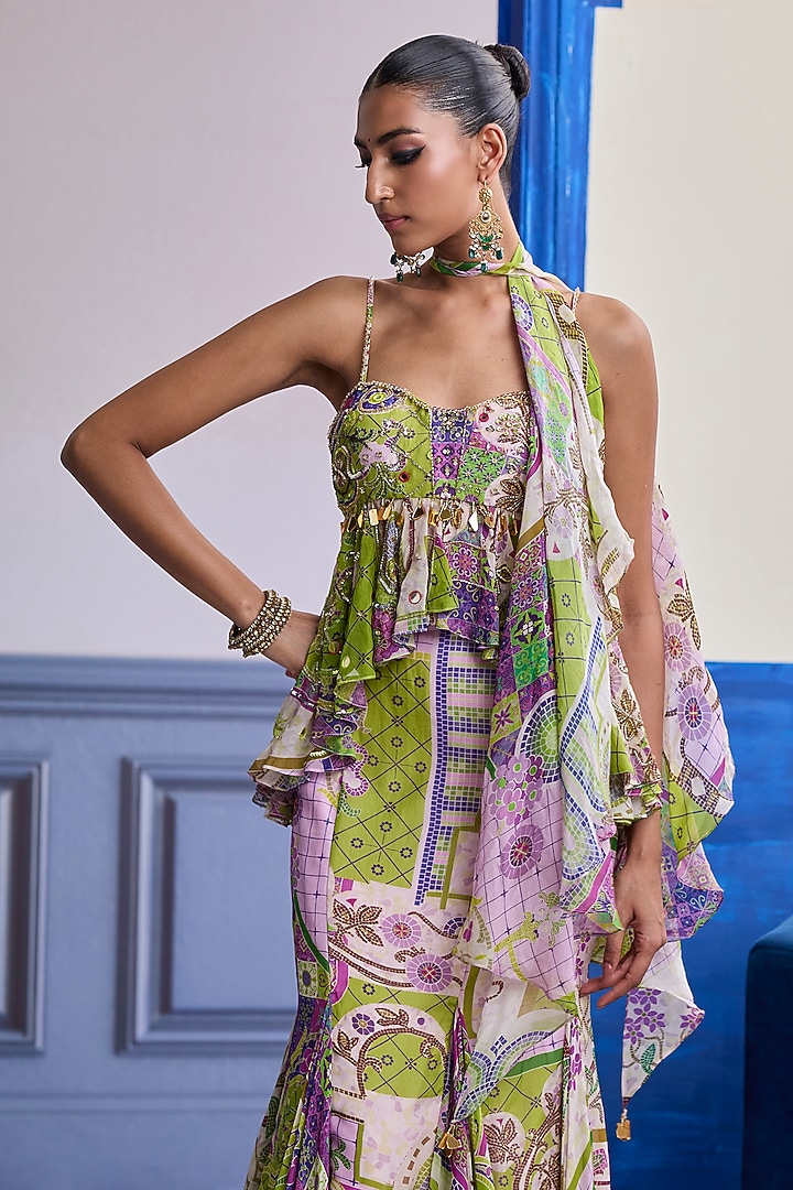 Bubblegum Purple Organza Mosaic Printed Mermaid Skirt Set by DiyaRajvvir at Pernia's Pop Up Shop