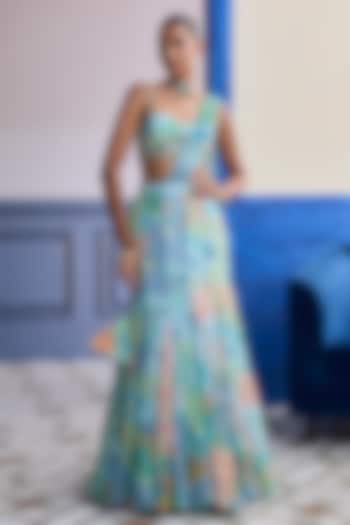 Aqua Blue Crepe Mosaic Printed Draped Mermaid Wedding Saree Set by Diyarajvvir at Pernia's Pop Up Shop