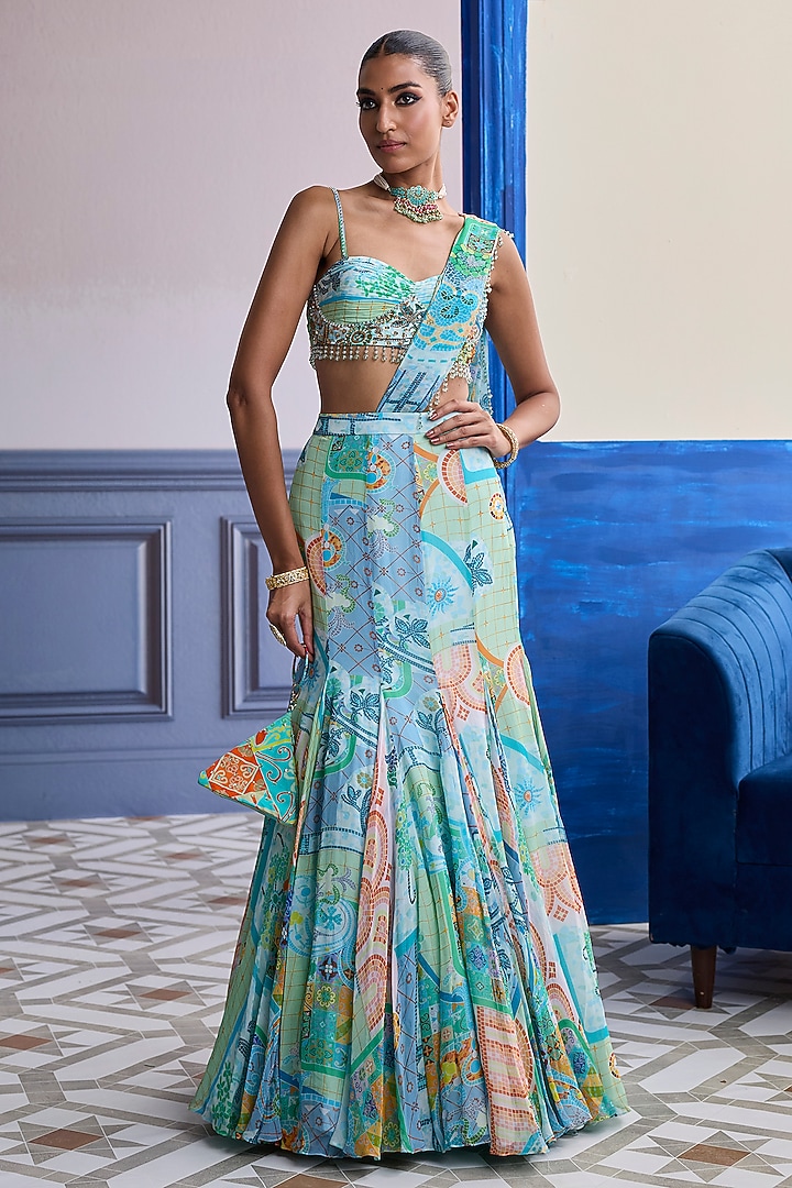 Aqua Blue Crepe Mosaic Printed Draped Mermaid Wedding Saree Set by Diyarajvvir at Pernia's Pop Up Shop