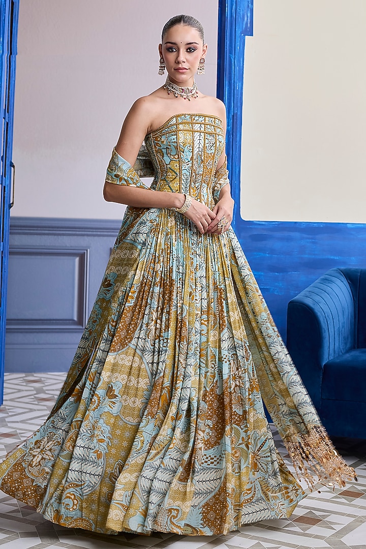 Yellow Crepe & Organza Floral Printed Wedding Lehenga Set by DiyaRajvvir at Pernia's Pop Up Shop