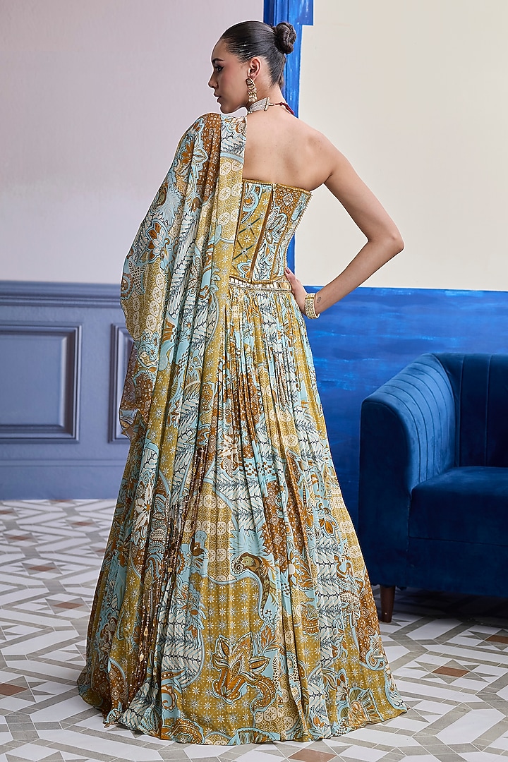 Yellow Crepe & Organza Floral Printed Wedding Lehenga Set by DiyaRajvvir at Pernia's Pop Up Shop