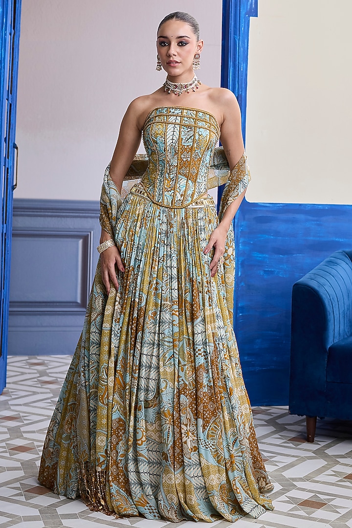 Yellow Crepe & Organza Floral Printed Wedding Lehenga Set by DiyaRajvvir at Pernia's Pop Up Shop