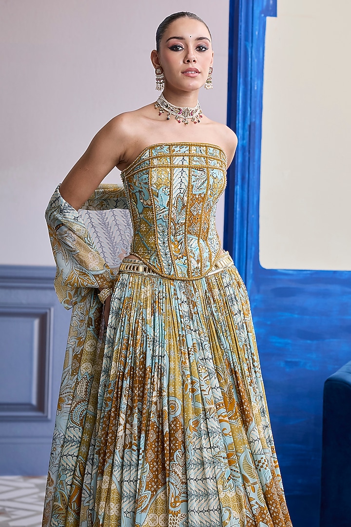 Yellow Crepe & Organza Floral Printed Wedding Lehenga Set by DiyaRajvvir at Pernia's Pop Up Shop