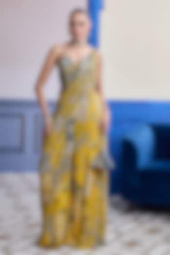 Yellow Crepe Mosaic Printed Draped Sharara Wedding Saree Set by DiyaRajvvir at Pernia's Pop Up Shop