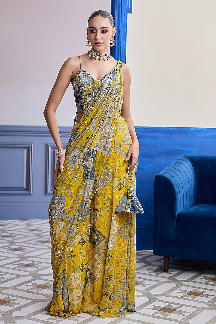 Yellow Crepe Mosaic Printed Draped Sharara Wedding Saree Set by DiyaRajvvir at Pernia's Pop Up Shop