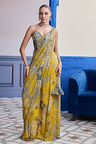 Yellow Crepe Mosaic Printed Draped Sharara Saree Set by DiyaRajvvir