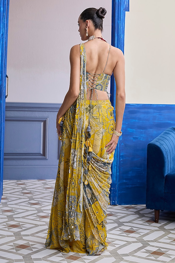 Yellow Crepe Mosaic Printed Draped Sharara Wedding Saree Set by DiyaRajvvir at Pernia's Pop Up Shop