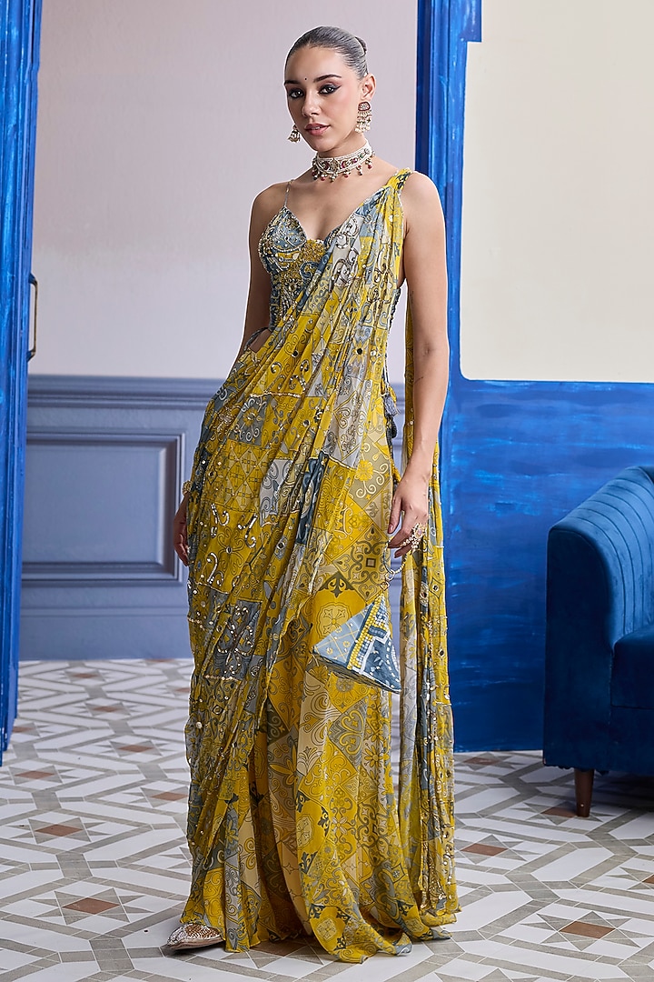 Yellow Crepe Mosaic Printed Draped Sharara Wedding Saree Set by DiyaRajvvir at Pernia's Pop Up Shop