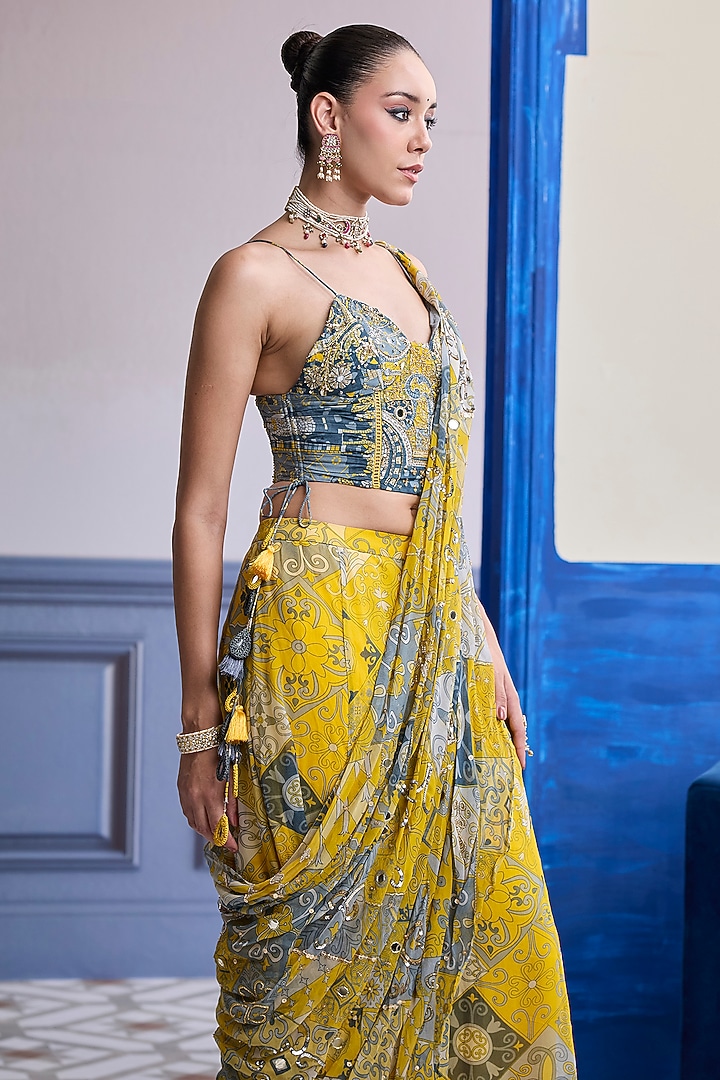 Yellow Crepe Mosaic Printed Draped Sharara Wedding Saree Set by DiyaRajvvir at Pernia's Pop Up Shop