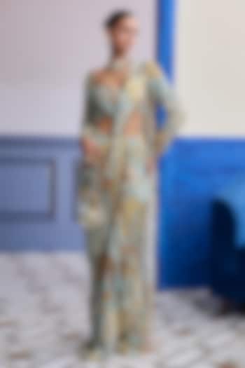 Yellow Crepe Floral Printed Dhoti Wedding Saree Set by DiyaRajvvir at Pernia's Pop Up Shop