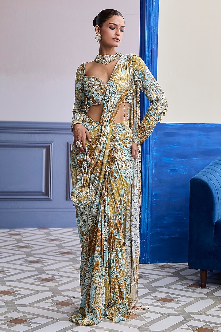 Yellow Crepe Floral Printed Dhoti Wedding Saree Set by DiyaRajvvir at Pernia's Pop Up Shop