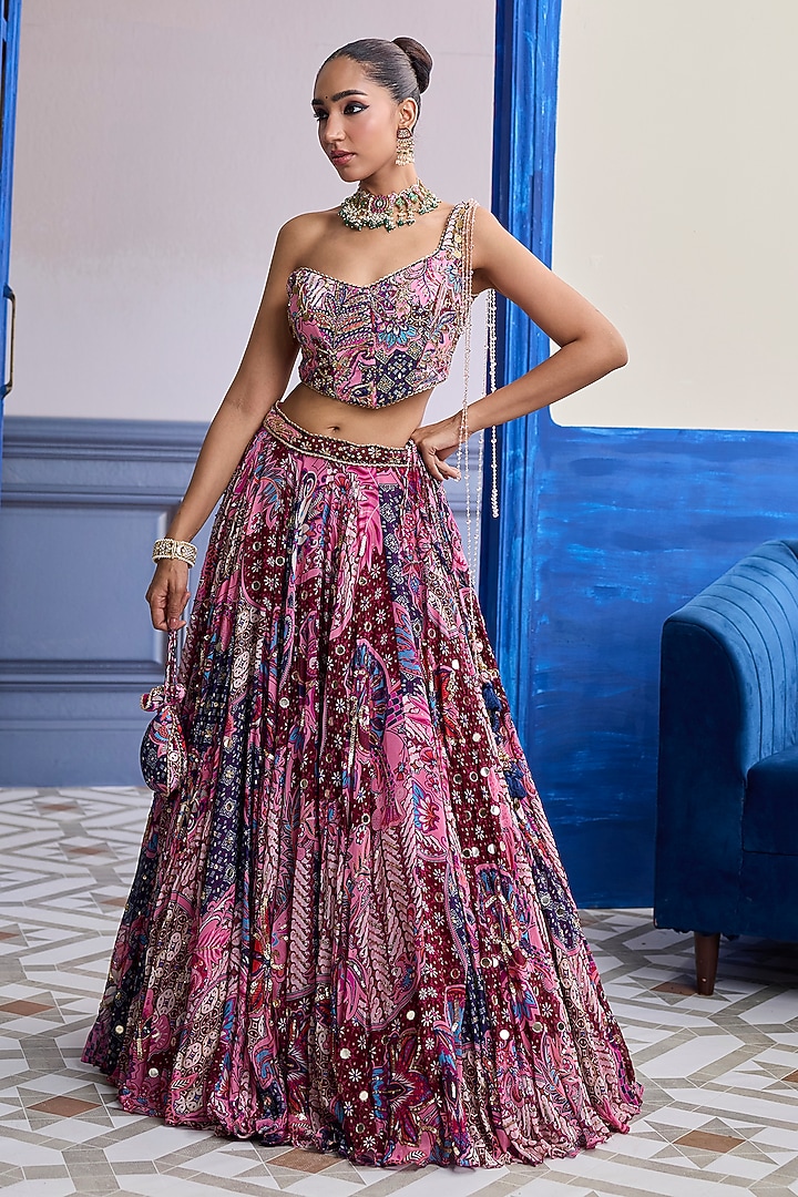Fuchsia Crepe Floral Printed Wedding Lehenga Set by DiyaRajvvir at Pernia's Pop Up Shop