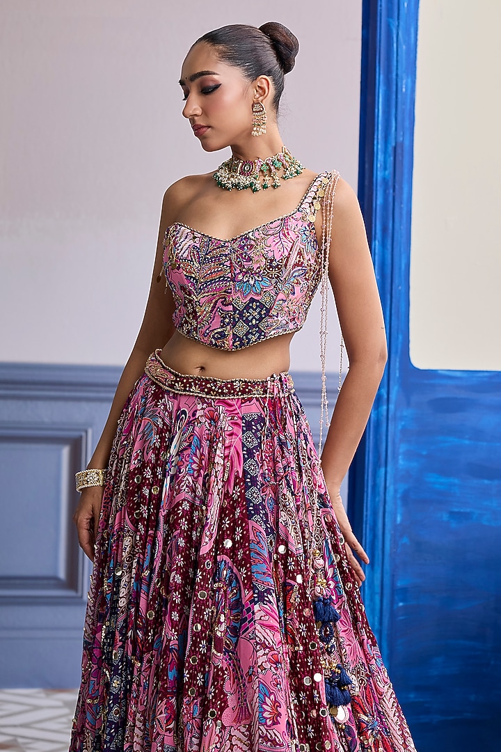 Fuchsia Crepe Floral Printed Wedding Lehenga Set by DiyaRajvvir at Pernia's Pop Up Shop
