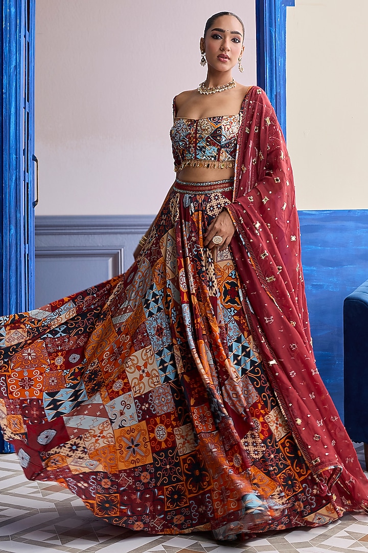 Rust Organza & Crepe Printed Wedding Lehenga Set by DiyaRajvvir at Pernia's Pop Up Shop
