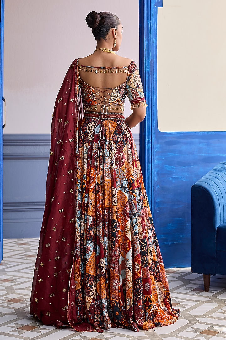 Rust Organza & Crepe Printed Wedding Lehenga Set by DiyaRajvvir at Pernia's Pop Up Shop