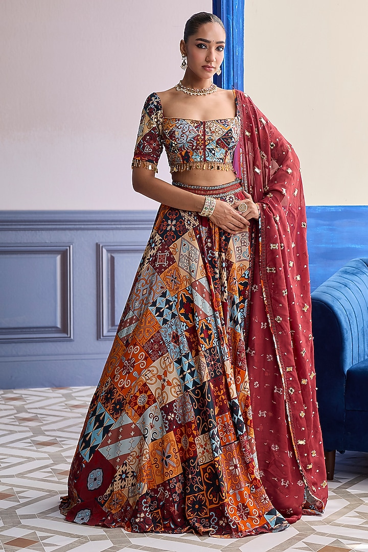 Rust Organza & Crepe Printed Wedding Lehenga Set by DiyaRajvvir at Pernia's Pop Up Shop