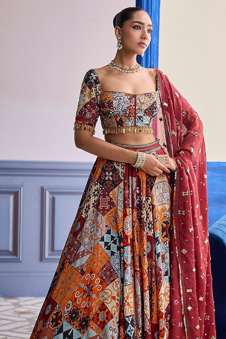 Rust Organza & Crepe Printed Wedding Lehenga Set by DiyaRajvvir at Pernia's Pop Up Shop