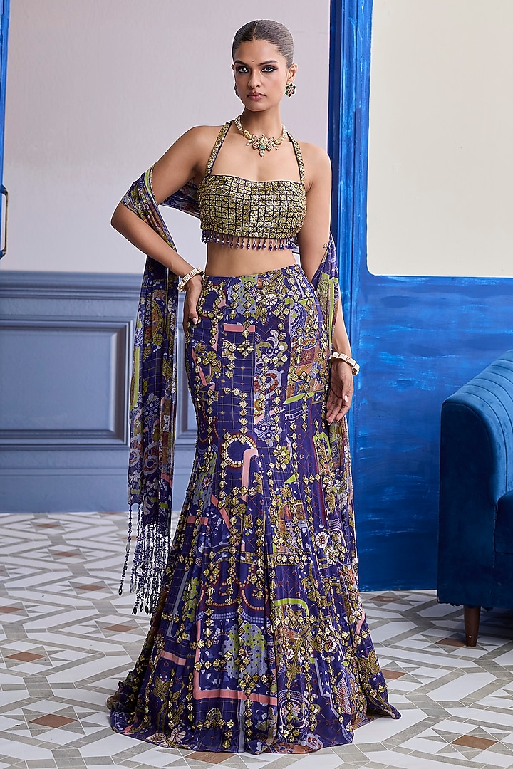Violet Crepe & Georgette Embroidered Mermaid Skirt Set by DiyaRajvvir at Pernia's Pop Up Shop