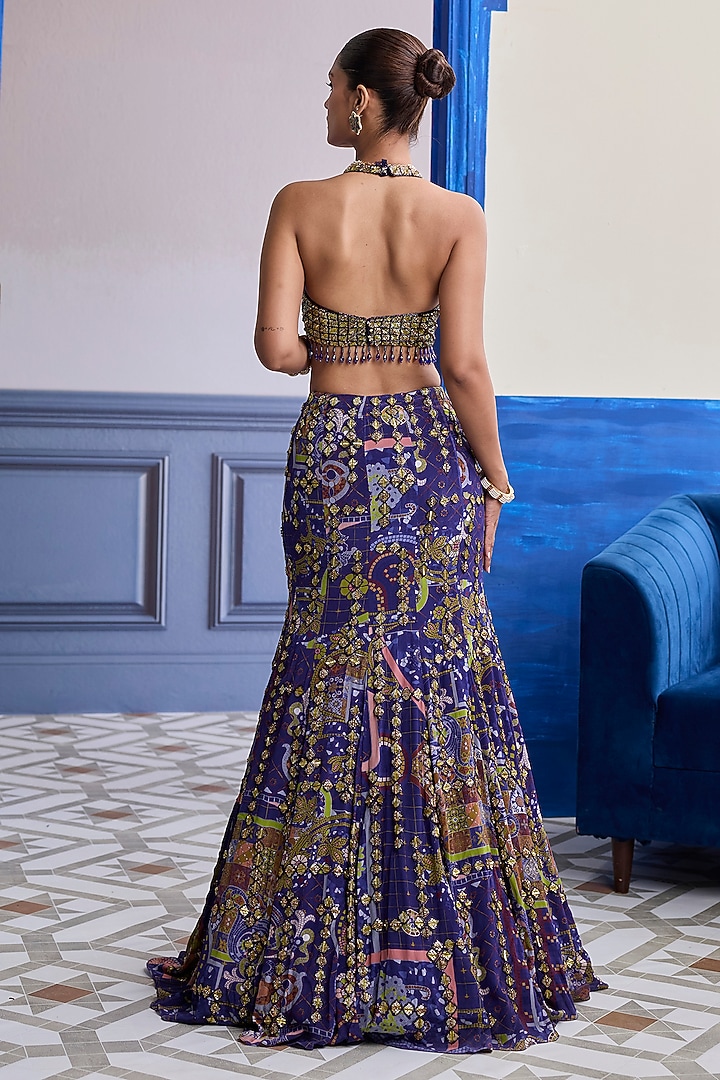 Violet Crepe & Georgette Embroidered Mermaid Skirt Set by DiyaRajvvir at Pernia's Pop Up Shop