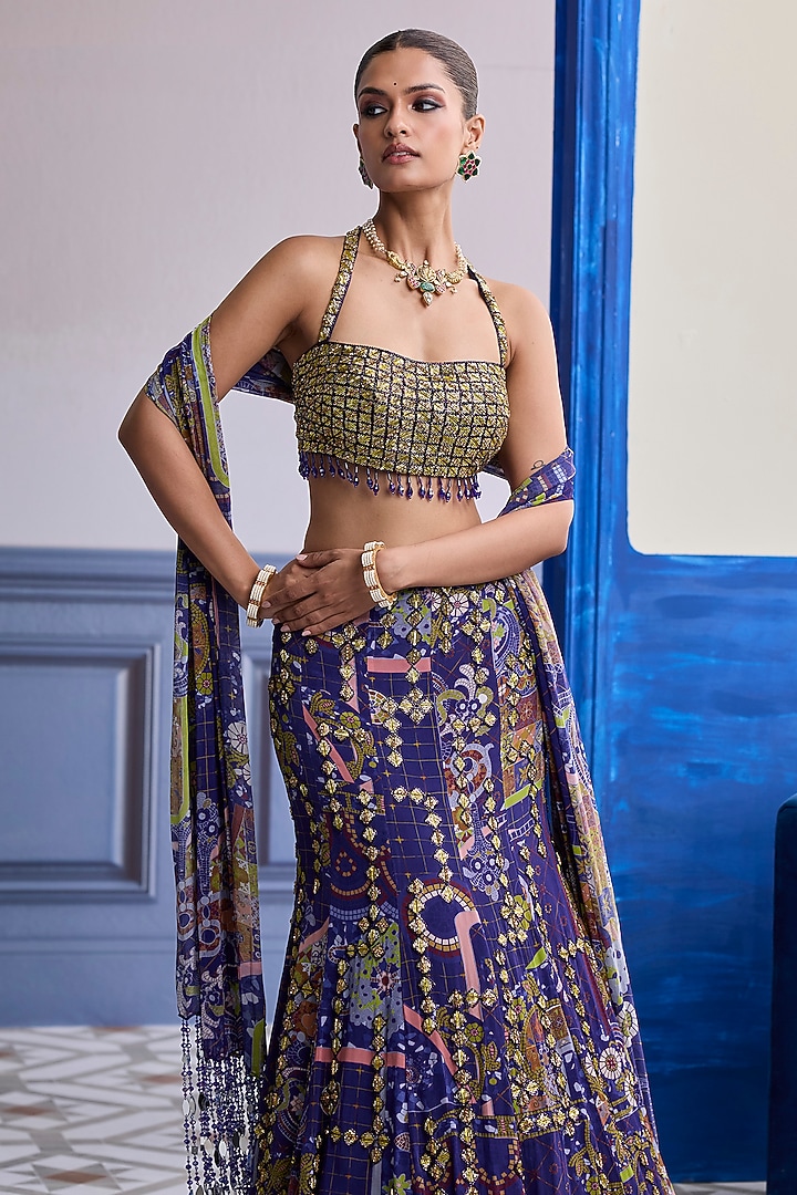 Violet Crepe & Georgette Embroidered Mermaid Skirt Set by DiyaRajvvir at Pernia's Pop Up Shop