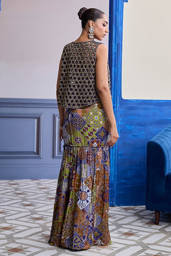 Violet Dola Silk Printed Gathered Dhoti Skirt Set by DiyaRajvvir at Pernia's Pop Up Shop