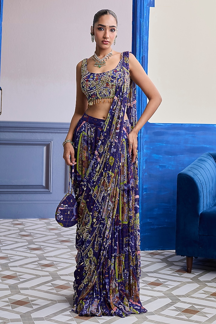 Violet Dola Silk Crepe Mosaic Printed Draped Skirt Wedding Saree Set by DiyaRajvvir at Pernia's Pop Up Shop