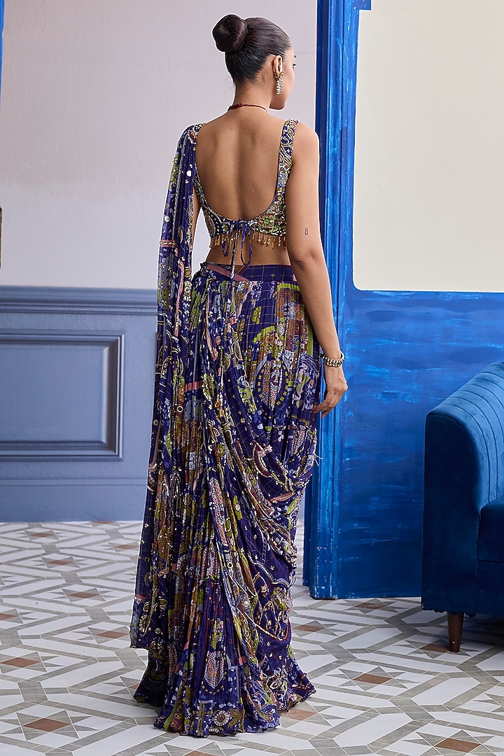 Violet Dola Silk Crepe Mosaic Printed Draped Skirt Wedding Saree Set by DiyaRajvvir at Pernia's Pop Up Shop