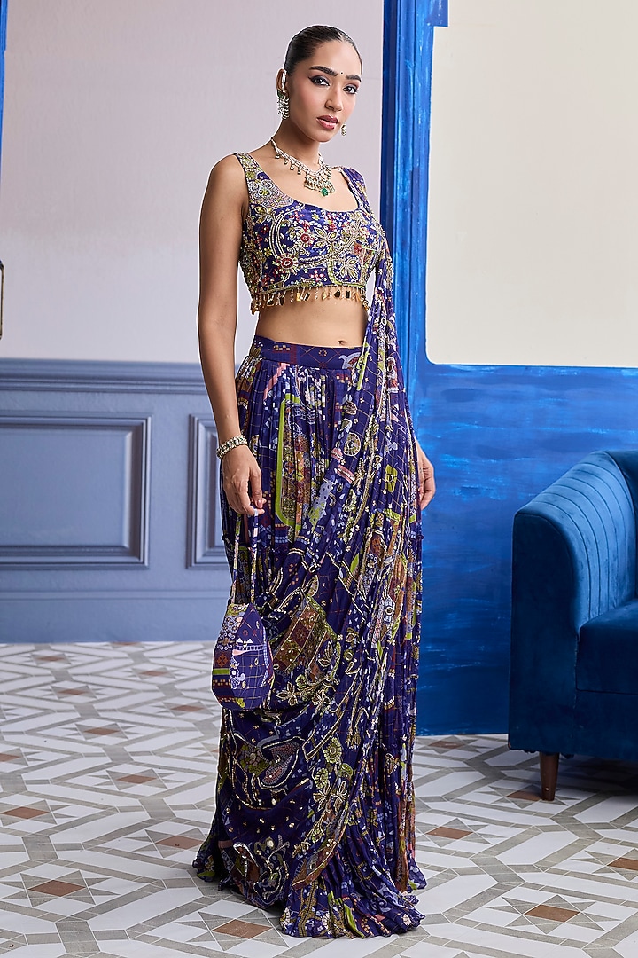 Violet Dola Silk Crepe Mosaic Printed Draped Skirt Wedding Saree Set by DiyaRajvvir at Pernia's Pop Up Shop
