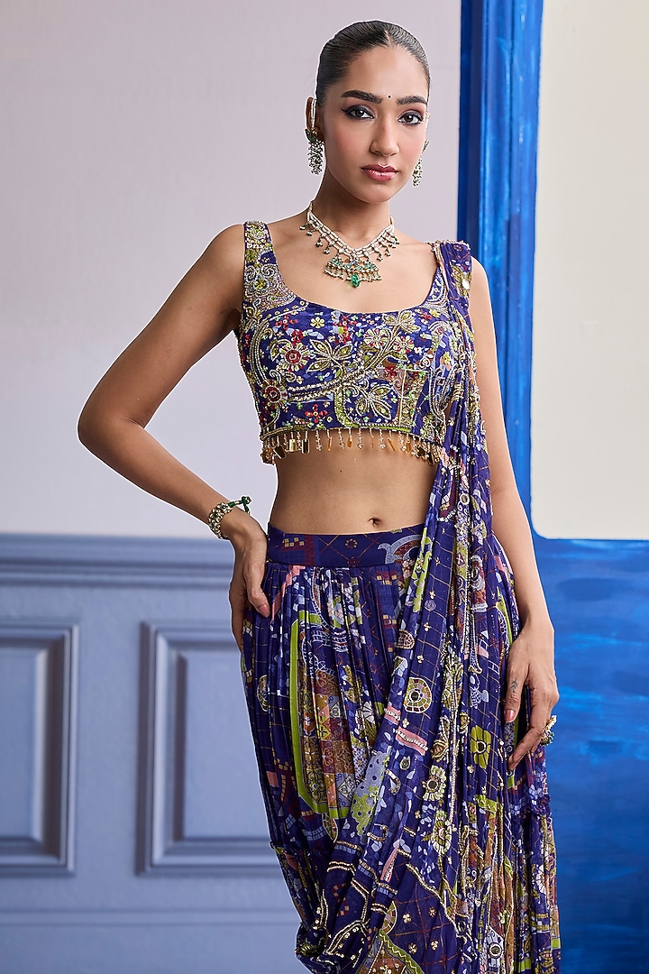 Violet Dola Silk Crepe Mosaic Printed Draped Skirt Wedding Saree Set by DiyaRajvvir at Pernia's Pop Up Shop