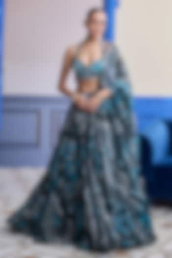 Teal & Black Crepe Mosaic Printed Wedding Lehenga Set by DiyaRajvvir at Pernia's Pop Up Shop