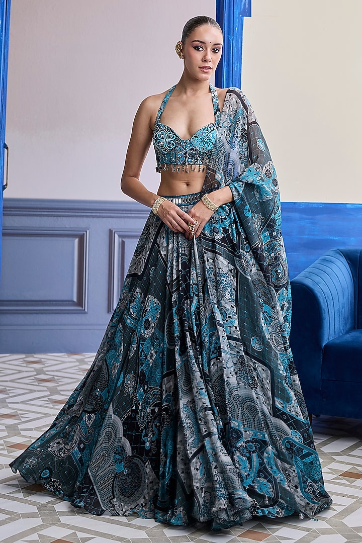 Teal & Black Crepe Mosaic Printed Wedding Lehenga Set by DiyaRajvvir at Pernia's Pop Up Shop