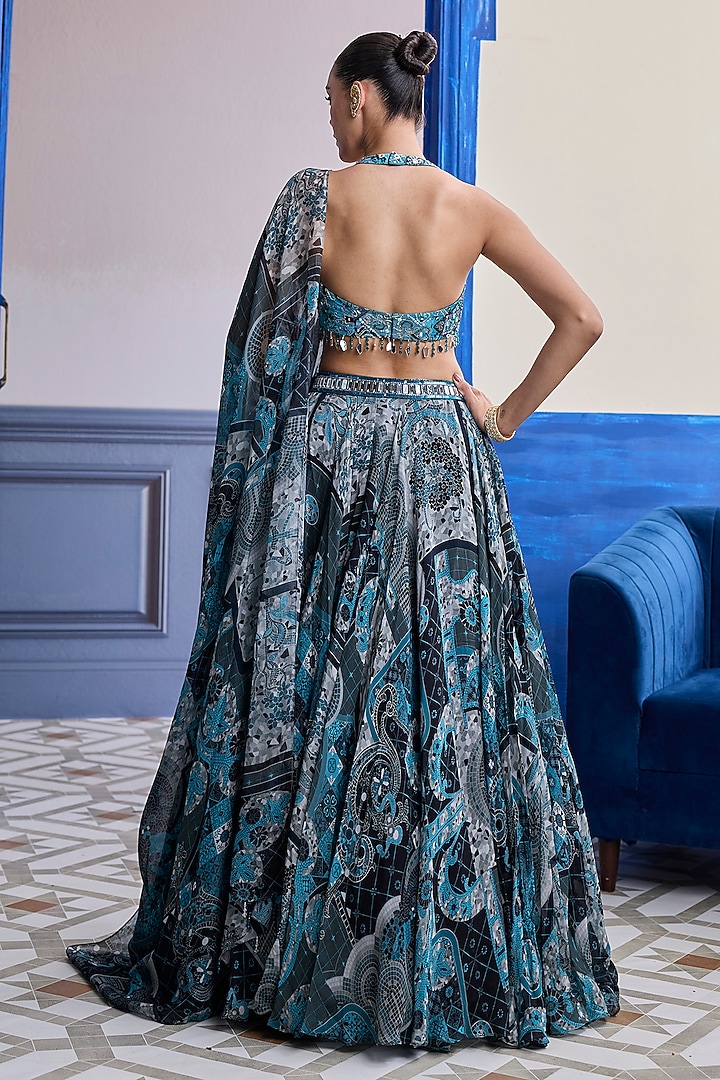 Teal & Black Crepe Mosaic Printed Wedding Lehenga Set by DiyaRajvvir at Pernia's Pop Up Shop