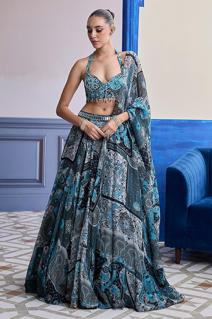 Teal & Black Crepe Mosaic Printed Wedding Lehenga Set by DiyaRajvvir at Pernia's Pop Up Shop