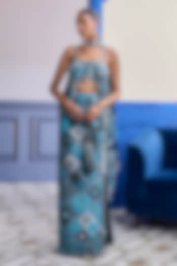 Teal Dola Silk Printed Skirt Set by DiyaRajvvir at Pernia's Pop Up Shop