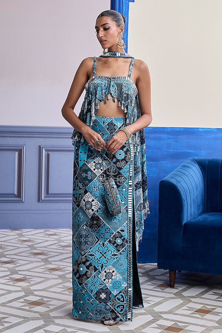 Teal Dola Silk Printed Skirt Set by DiyaRajvvir at Pernia's Pop Up Shop