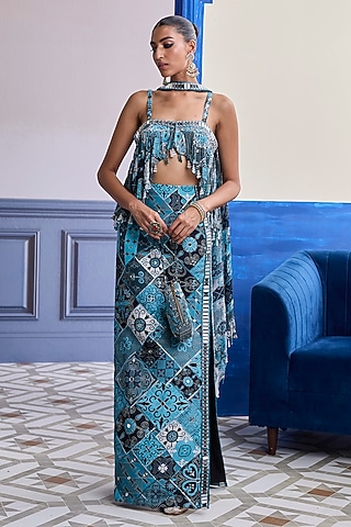 Teal Dola Silk Printed Skirt Set by DiyaRajvvir