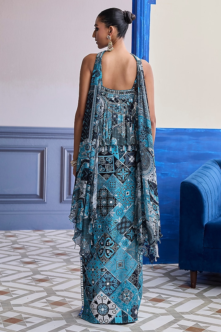 Teal Dola Silk Printed Skirt Set by DiyaRajvvir at Pernia's Pop Up Shop
