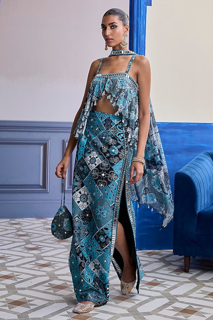 Teal Dola Silk Printed Skirt Set by DiyaRajvvir at Pernia's Pop Up Shop