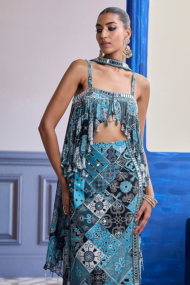Teal Dola Silk Printed Skirt Set by DiyaRajvvir at Pernia's Pop Up Shop