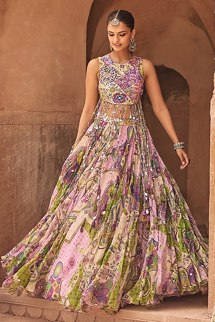 Bubblegum Purple Crepe Mosaic Printed Wedding Lehenga Set by Diyarajvvir at Pernia's Pop Up Shop