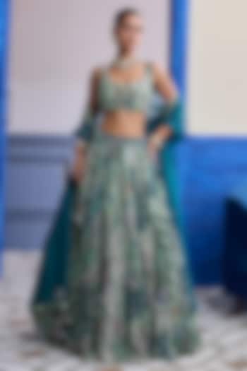 Green Organza Floral Printed Wedding Lehenga Set by Diyarajvvir at Pernia's Pop Up Shop