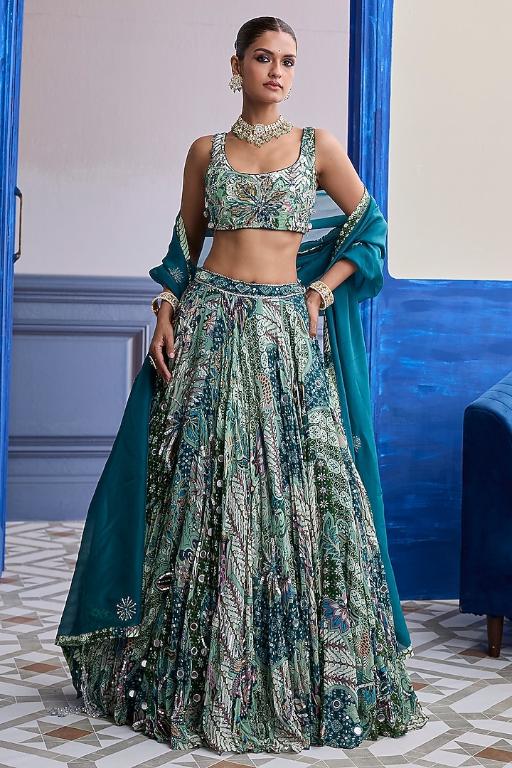 Green Organza Floral Printed Wedding Lehenga Set by Diyarajvvir at Pernia's Pop Up Shop