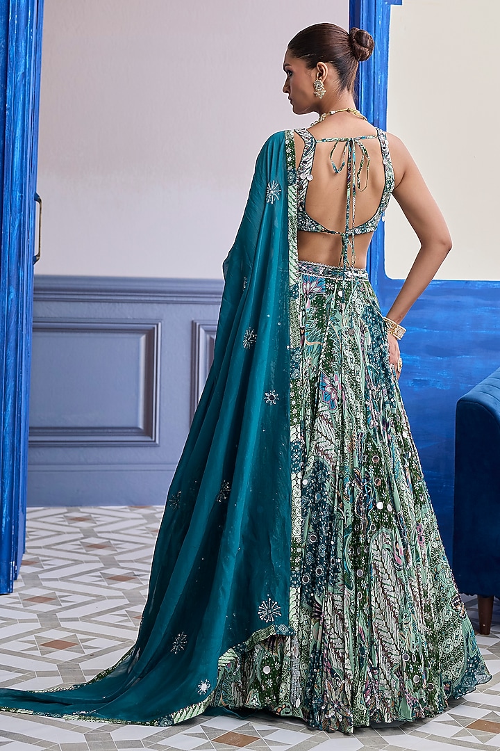 Green Organza Floral Printed Wedding Lehenga Set by Diyarajvvir at Pernia's Pop Up Shop