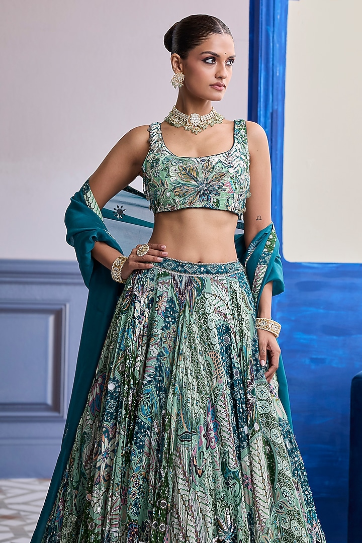 Green Organza Floral Printed Wedding Lehenga Set by Diyarajvvir at Pernia's Pop Up Shop