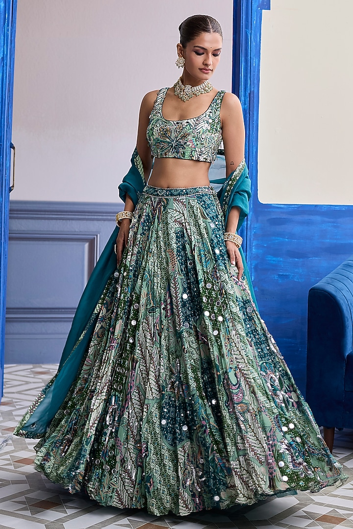 Green Organza Floral Printed Wedding Lehenga Set by Diyarajvvir at Pernia's Pop Up Shop