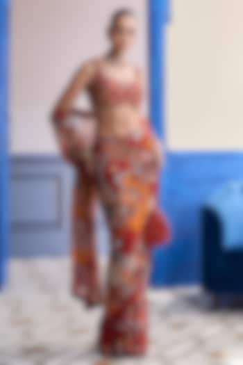 Rust Crepe & Georgette Mosaic Printed Skirt Wedding Saree Set by DiyaRajvvir at Pernia's Pop Up Shop