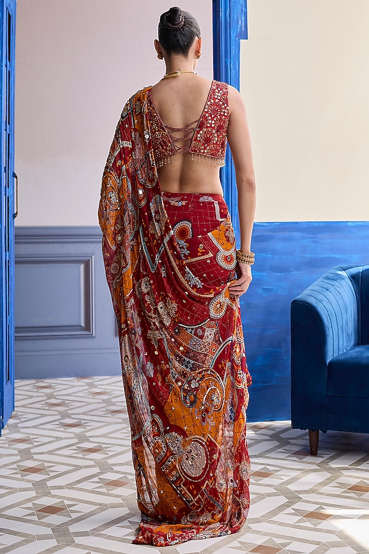 Rust Crepe & Georgette Mosaic Printed Skirt Wedding Saree Set by DiyaRajvvir at Pernia's Pop Up Shop