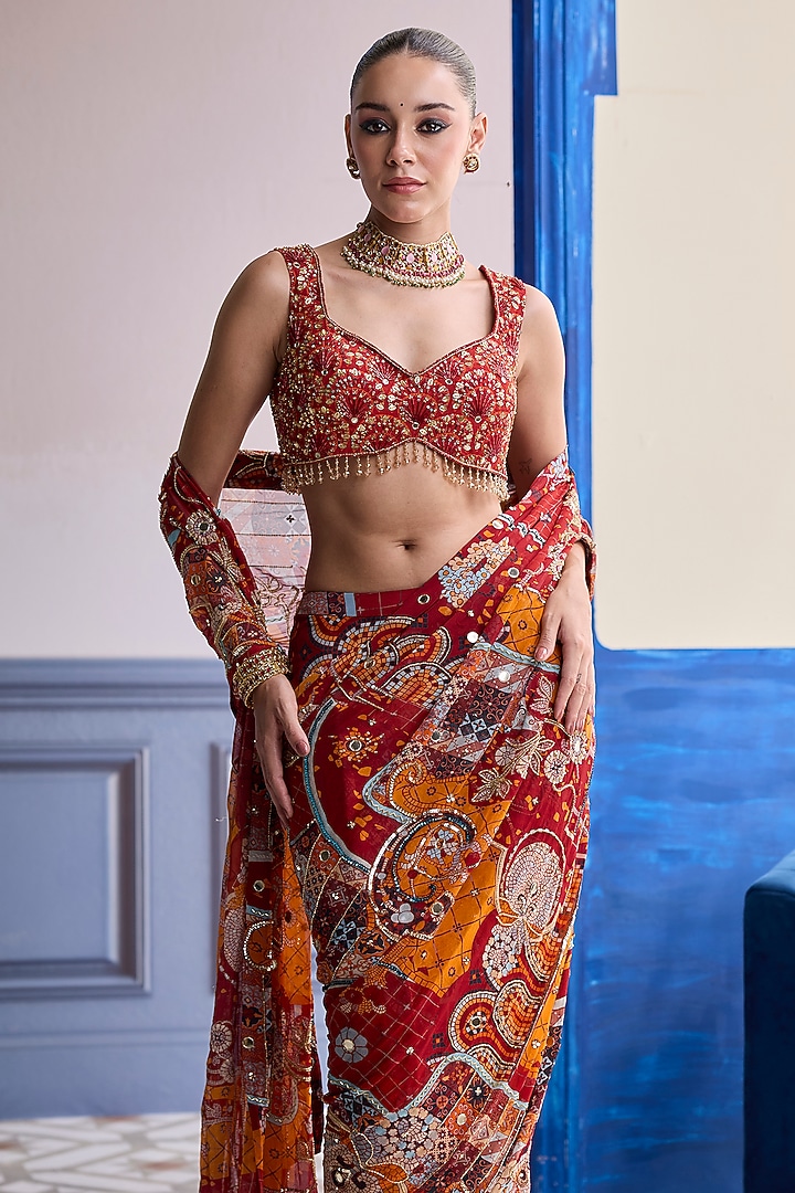 Rust Crepe & Georgette Mosaic Printed Skirt Wedding Saree Set by DiyaRajvvir at Pernia's Pop Up Shop