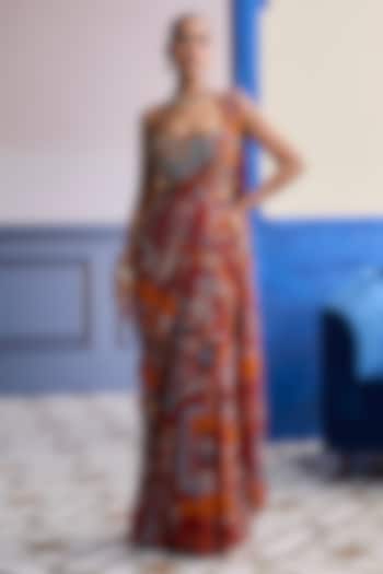 Rust Crepe Mosaic Printed Pre-Draped Wedding Saree Set by DiyaRajvvir at Pernia's Pop Up Shop