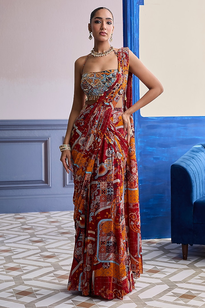 Rust Crepe Mosaic Printed Pre-Draped Wedding Saree Set by DiyaRajvvir at Pernia's Pop Up Shop